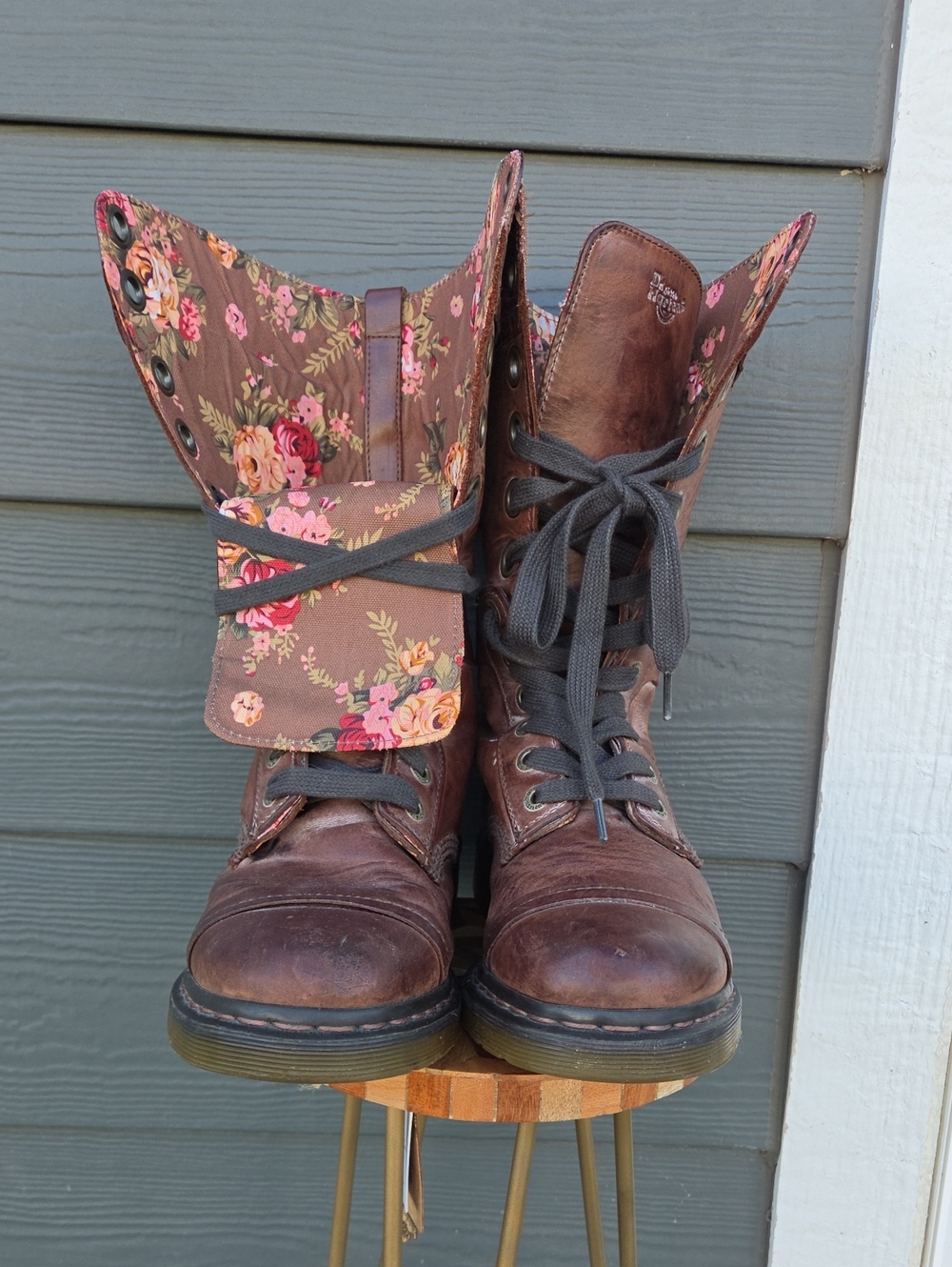 Dr. Martens RARE, Yuba Brown Lace-Up Boots with Floral Cuff